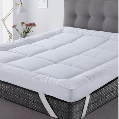 10cm Mattress Topper Hotel Quality1000GSM Bounce Back Deep Breathable 4inch Microfiber Topper with Elasticated Straps Enhances Comfort & Supports Single Double King Size Bed Toppers (Double)