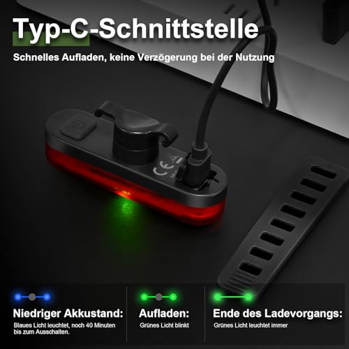 toptrek Rücklicht Fahrrad Sichtweite 200 Metern | Bike Rear Light Led StVZO Zugelassenes | Fahrrad Rücklicht USB-C Aufladbar Batterie | Fahrradlicht Hinten IPX5 Wasserdicht für Rennrad, MTB, E-Bike
