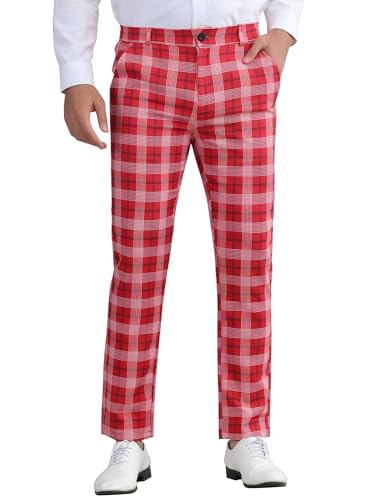 Plaid Pants for Men's Color Block Straight Leg Checked Pattern Trousers