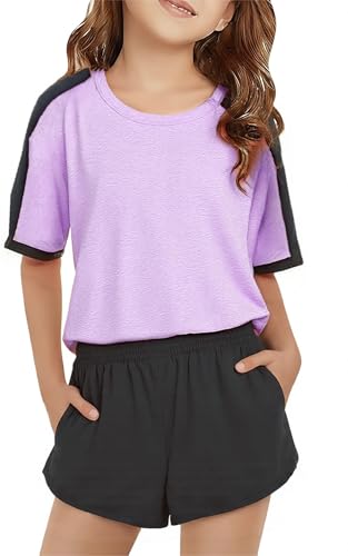Image of SELINK Girls Travel Outfits Set Rainbow Striped Two Piece Lounge Sets Casual Sweat Tracksuit Matching Runner Shorts