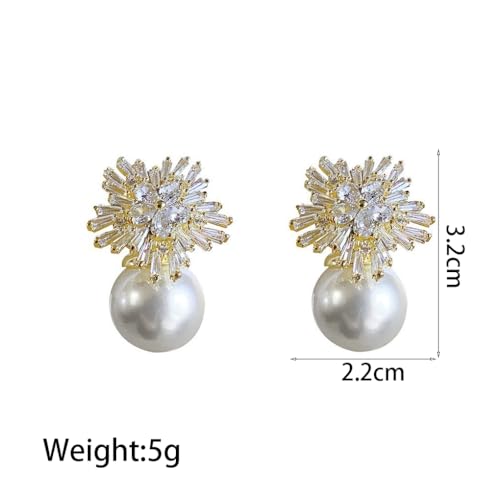 White Snowflake Rhinestone Pearls Dangle Earrings for Women, Sparkly Crystal Flowers Faux Pearls Statement Earrings Trendy Floral Jewelry Gifts3