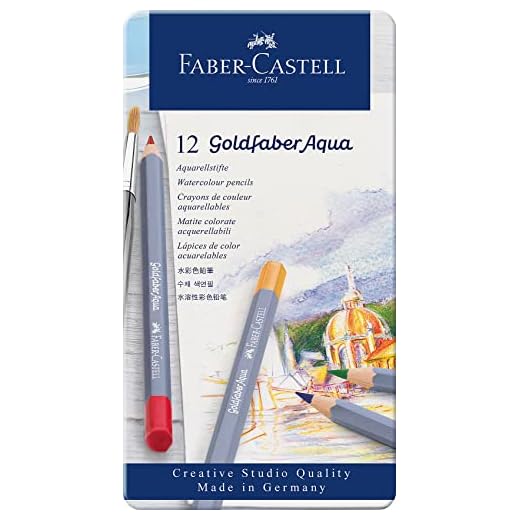 Faber-Castell 114612 - Estuche de metal con 12 lápices de colores acuarelables hexagonales Goldfaber Aqua, colores surtidos