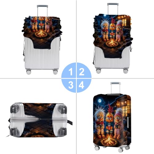 Image of Funny Winter Birds Campfire Luggage Cover Protective Suitcase Protector, Cute Cozy Owl Chick Elastic Washable Travel Baggage Cover Fits 28-30Inch Suitcase, Cool Christmas Holiday for Men Women,L