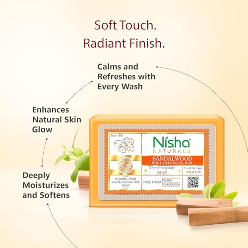 Image of Nisha Sandalwood Body Cleansing Soap Bar 125g - Paraben Free, Vegan, Gentle Cleanse for Soft & Supple Skin, Suitable for All Skin Types, Men & Women