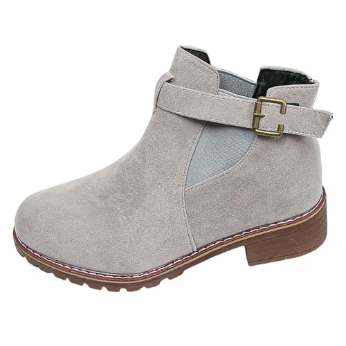 Generisch 2025 Women's Plain Plus Size Block Heel Ankle Boots with Belt Buckle Shoes Women's Winter Boots Waterproof, gray, 6 UK