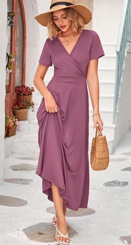Image of WNEEDU Women's Summer Maxi Dress Short Sleeves Wrap V Neck Long Dresses with Pockets