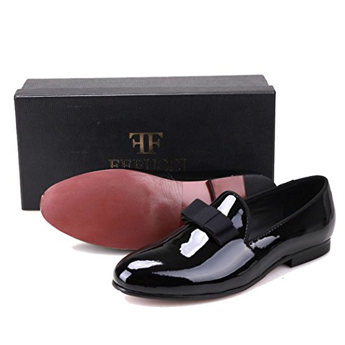 Ferucci Handmade Men Plain Black Patent Leather With Black Bow Slippers Loafers (14) #TOP5