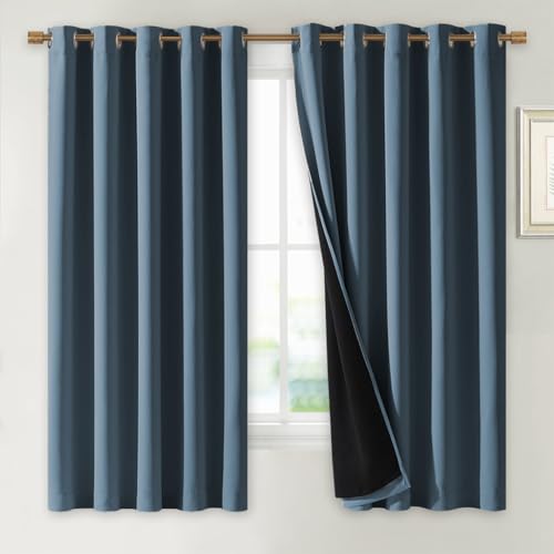 Image of NICETOWN 100% Blackout Lined Curtains, Smoky Blue, 1 Pair, 62 inch Width x 63 inch Length Each Panel, 2 Thick Layers Completely Blackout Window Treatment Thermal Insulated Drapes for Kitchen /Bedroom