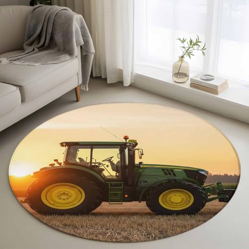 Round Area Rug 4ft, Farmhouse Car Washable Non-Slip Circle Rugs for Bedroom Living Room Kitchen, Modern Sunset Countryside Machinery Soft Non Shedding Circle Carpet for Dining Room Dorm