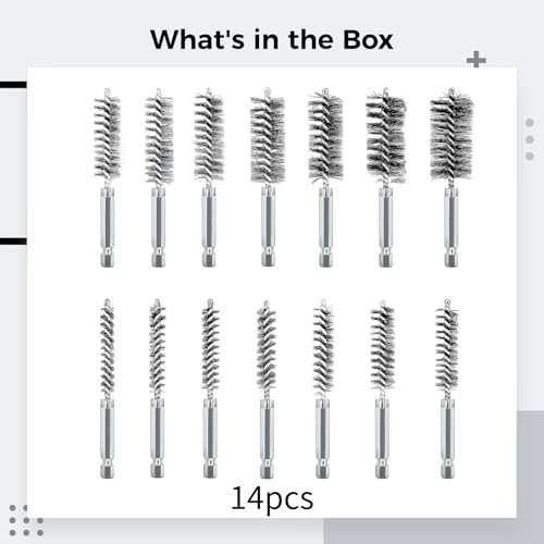 Image of 14 PCS Stainless Steel Bore Brushes, 5 /16 to 1 Inch Wire Brush for Drill, Heavy-Duty Metal Bristle Cleaning Brushes with 1 /4 Inches Hex Shank for Pipe Metal Surface, Rust Removal Deburring Degreasing
