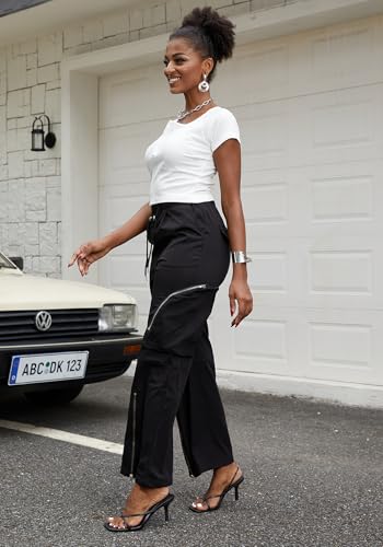 LAJIOJIO Womens Baggy Hiking Pants Casual Y2K Streetwear Zipper Split Loose Cargo Pant with Pockets3