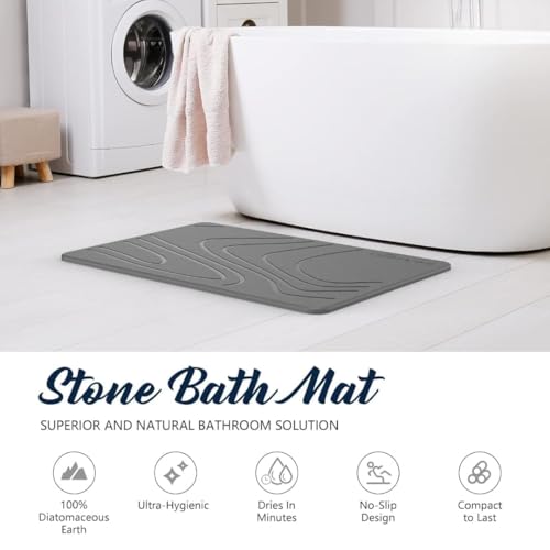 Image of SUTERA Stone Bath Mat, Diatomaceous Earth Shower Rectangular Shape Mat, Non-Slip Super Absorbent Quick Drying Bathroom Floor Mat, Natural, Easy to Clean (Dark Grey Wave Small)