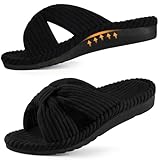 Litfun Orthopedic Arch Support Slippers for Women Comfortable Open Toe Indoor House Slippers Corduroy Cross Bow Bedroom Shoes for Plantar Fasciitis, Black 39