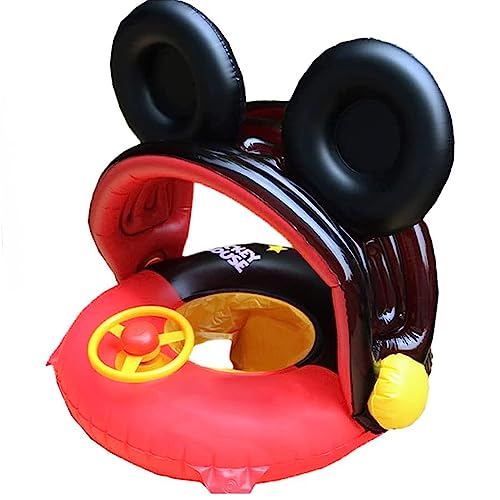 Arcimatto Baby Swimming Pool Floats with Removable Sun Protection Canopy, Inflatable Raft with Seat and Steering Wheel, No Flip Over Kids Infants Boat Swim Ring for Toddlers 4-48 Months (Red Mouse)