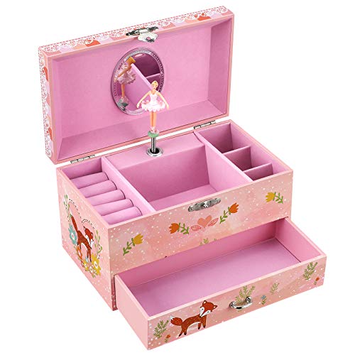 SONGMICS Kid’s Musical Jewelry Box with Ballerina, Music Box, Cute Animal Motif with Foxes, You Are My Sunshine Melody, Pink UJMC017PK