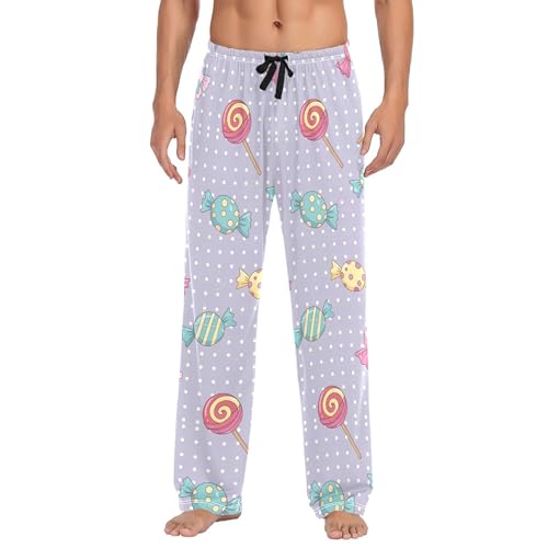 Men's Pajama Bottom Candy Themed Design Cotton Pajama Pants Drawstring Sleepwear Long Pants Pockets