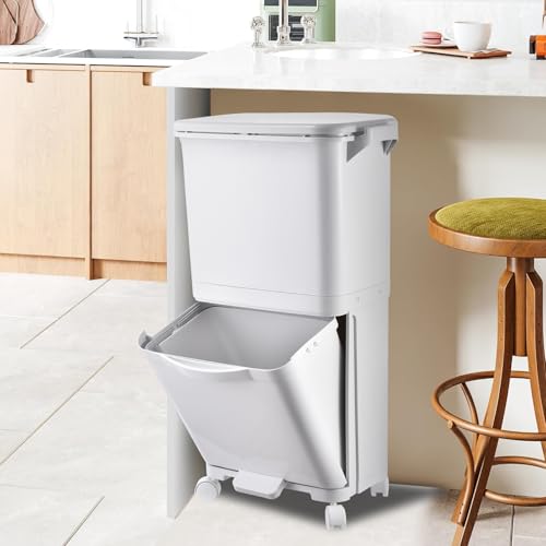 Genérico Cubo de basura de cocina de 38 l con 2 compartimentos: siste-ma de separación de residuos de plásti-co reciclado de gran tamaño, con pedal y tapa para la cocina y el hogar.