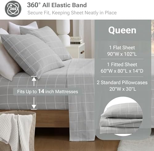 True North by Sleep Philosophy Flannel Sheets Queen Size, Cozy 100% Cotton Flannel Bed Sheets, Ultra Soft Cute Sheet Set, Novelty Print Themed Cold Weather Warm Bedding Set, Grey Windowpane, 4 Piece - Thumbnail 4