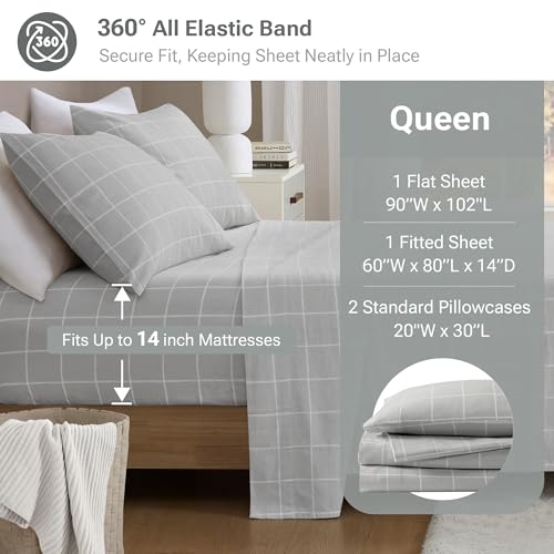 Image of Sleep Philosophy True North Flannel Sheets Queen Size, Cozy 100% Cotton Flannel Bed Sheets, Ultra Soft Cute Sheet Set, Novelty Print Themed Cold Weather Warm Bedding Set, Grey Windowpane, 4 Piece