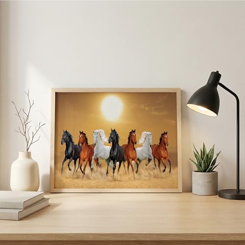 Image of Suneree 7 Horse Vastu Wall Painting - Running Horses Golden Desert Landscape Framed Wall Art for Living Room & Office Decor (Natural, Design 13, 13x19 Inch)