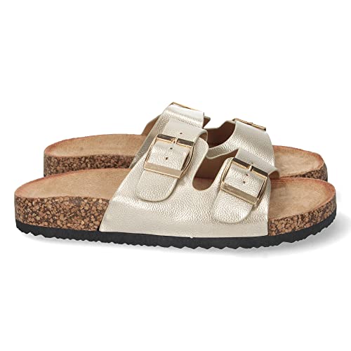 shoes&blues.es 72576 Sandalia Plana de Mujer, con Planta de Anatomica de Bio, y Hebillas, Primavera Verano 2021 Oro Talla 38