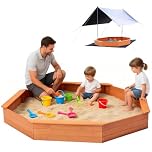 Octagonal Wooden Sandbox with 2-in-1 Canopy, 4 Built-in Benches, Weather Resistant Oxford Cover, Open-Bottom Design, Large Outdoor Sand Box for Backyard Garden Kids and Family Play