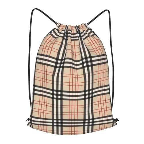 Beige Plaid Tartan Checkered Outdoor Leisure Drawstring Backpack, Lightweight Waterproof Sports Bag For Men & Women – Gym, Yoga, Travel
