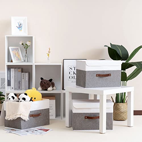 Yawinhe Collapsible Storage Boxes 1 Pack, Linen Fabric Storage Baskets Washable, With Lids And Leather Handle, For Home Bedroom Closet Office, (White/Grey, 15.0X9.8X9.8In), Usnk024Wgl-1 #TOP1