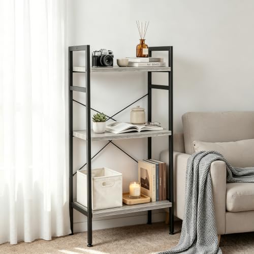 Image of HealSmart 3 Tier Bookshelf, Free Standing Book Shelf Home Office Bookcase Shelf Storage Organizer for Bedroom, Bathroom, Living Room, Office, Balcony, Gray Wood