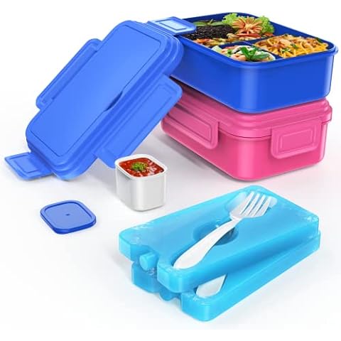 WayEee Lunch Box with Ice Pack , Leakproof Lunch Bento Box for Adults and Kids ,1400ML Meal Prep Containers Reusable for Work, Office, School,Keep Cold(Pink) (Blue) Cover