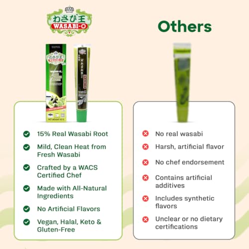 ワサビ-O、ワサビペースト 43g（1.24oz）- 寿司、サーモン、刺身、シーフードと一緒に提供できます。ベジタリアンとヴィーガン向け。