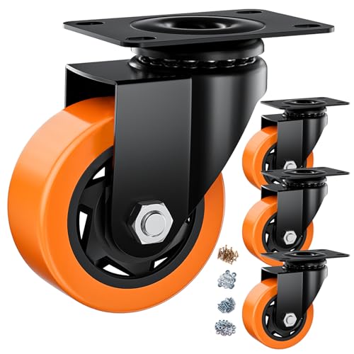 Image of 3 Inch Caster Wheels, Casters Set of 4 Heavy Duty, Orange Polyurethane (PU) Casters, Industrial Swivel Top Plate Castor Wheels for Workbench /Furniture /Cart (Pack of 4)