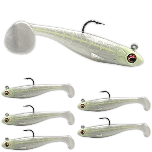 USA Bass Tackle Patriot Shad - Scent Infused Paddle Tail Swimbaits Pre Rigged Fishing Lures Premium Bait with Strong Owner Hook, Fishing Gear for Freshwater Bass Crappie Trout - Bone Glow