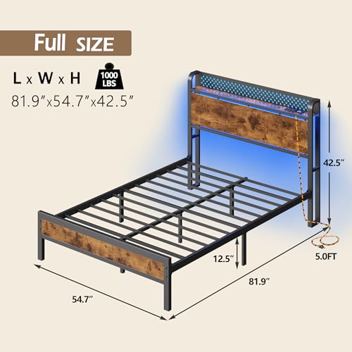 Image of Furnulem Full Bed Frame with Headboard,Charging Station and LED Lights