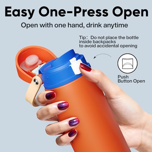 Image of Insulated Water Bottle with Straw - Encool Stainless Steel Water Bottle with Push Button Lid, Leak-Proof & BPA-Free, Keeps Cold for 24 Hours for Sports, Travel, Gym (24 oz, Salmon)