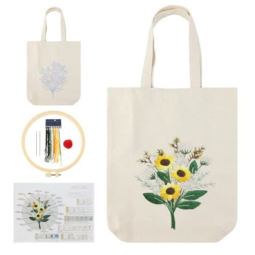SacJkt Kit de bordado, kit de bordado de bolsa de lona con herramientas e instrucciones, kits de punto de cruz para manualidades, principiantes, adultos y amantes del bordado（Beige）