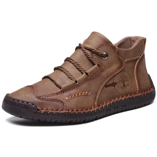 Mens Hand Stitching Leather Lace Up Ankle Boots Casual Vintage Non Slip Flats Arch Support Loafers for Hiking Walking Driving Chukka Boots
