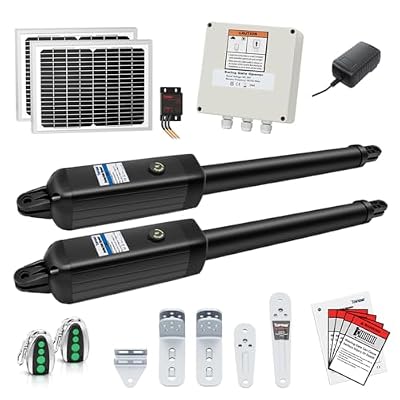 TOPENS AD8S Automatic Solar Gate Opener for Heavy Duty Dual Swing Gates Up to 18ft per Arm, Dual Swing Gate Operator Battery Powered with Remote Control Kit Gate Motor Solar Panel Included