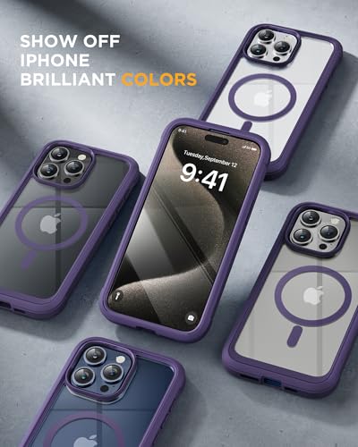 Image of Miracase Magnetic for iPhone 15 Pro Case [Compatible with MagSafe] Full-Body Bumper Phone case with Built-in Glass Screen Protector& Camera Protector, Military Drop Proof 15 Pro Cover, Magnetic Purple