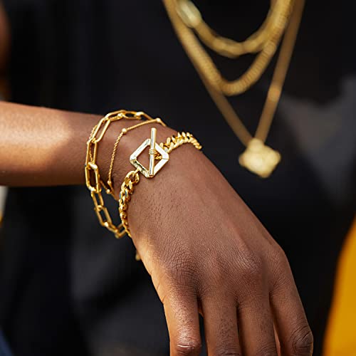 FRUMOS Dainty Layering Bracelets for Women 18 k Gold Plated Fashion Adjustable Chunky Cuban Paperclip Link Chain Bracelets Jewelry for Women Girls Gift