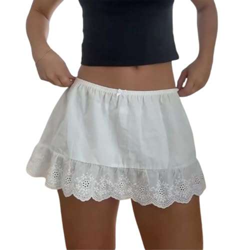 Women Eyelet Mini Skirt Low Rise Embroidered Lace Short Skirt Scallop Hem Pleated Ruffle Mini Skirts