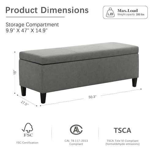 Image of Storage Ottoman Bench 50.3 inch Faux Leather Upholstered End of Bed Bench, Grey