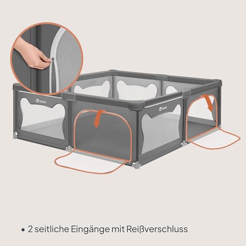 LIONELO WILLOW XL Laufgitter Baby, ab 0-48 Monaten große Fläche 187 cm x 207 cm x 68 cm, Laufgitter Baby mit Seitenwände aus atmungsaktiven Netzstoff, 2 Seitliche Eingänge mit einem Reißverschluss