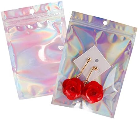 Meowoo 100Pcs Mylar Bags, Resealable Smell Proof Bags, Pouch Foil Holographic Bags Zip Lock Food Storage Bags for Candy Snack Jewelry (/10x15cm)