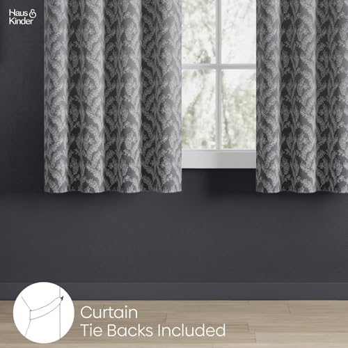 Image of haus & kinder Printed Jacquard Window Curtains 5 Feet Long Pack of 2 Window Curtains, 5 Feet Curtains for Window (Midnight Willow, Grey Floral Nature 130x152 CM)