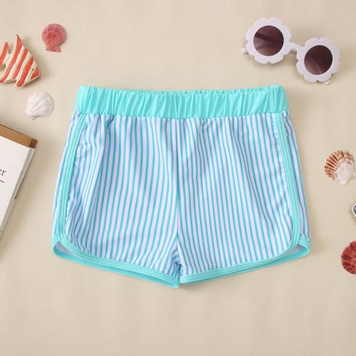Image of Ritatte Girls Rash Guard Swimsuit 2 Pieces Stripe Bathing Suit Long Sleeve Rashguard Beach Shorts Summer Swimwear 7-12T(Blue Green,11-12T(160))