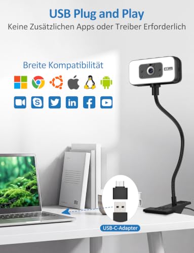 Danyesth Webcam 4K, Phasendetektions-Autofokus PC Kamera mit Mikrofon – Ansicht 5