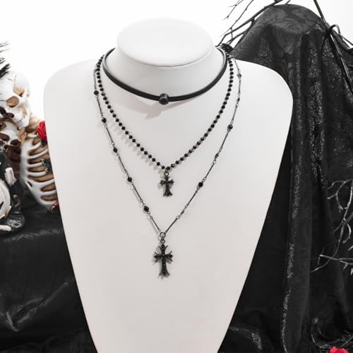 Layered Halloween Cross Necklace - Triple Layer Gothic Necklace with Black Leather, Beaded Chain Cross Pendants Grunge Vampire Jewelry Gifts4
