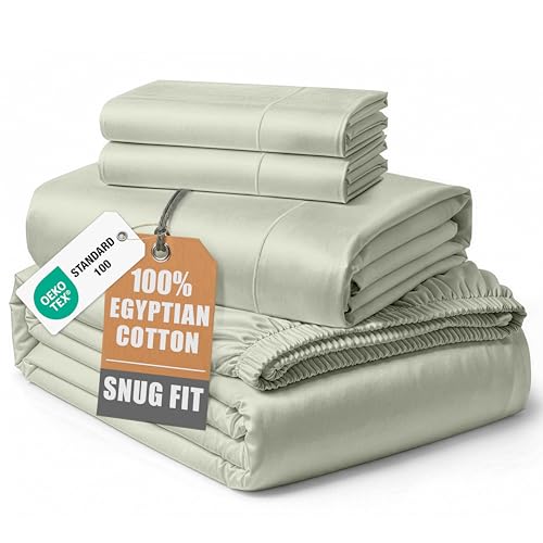 100% Egyptian Cotton Queen Bed Sheet Set – 4 Piece Queen Sheets Set, Breathable & Fade Resistant, Silky Sateen Weave for Winter Comfort, Ultra-Soft Hotel Luxury Bedding with 15" Deep Pocket - Mineral