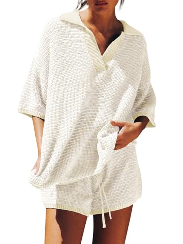 Image of Tankaneo Womens Sweater Set 2 Piece Outfits Oversized 3 /4 Sleeve V Neck Knit Tops High Waisted Shorts Lounge Sets